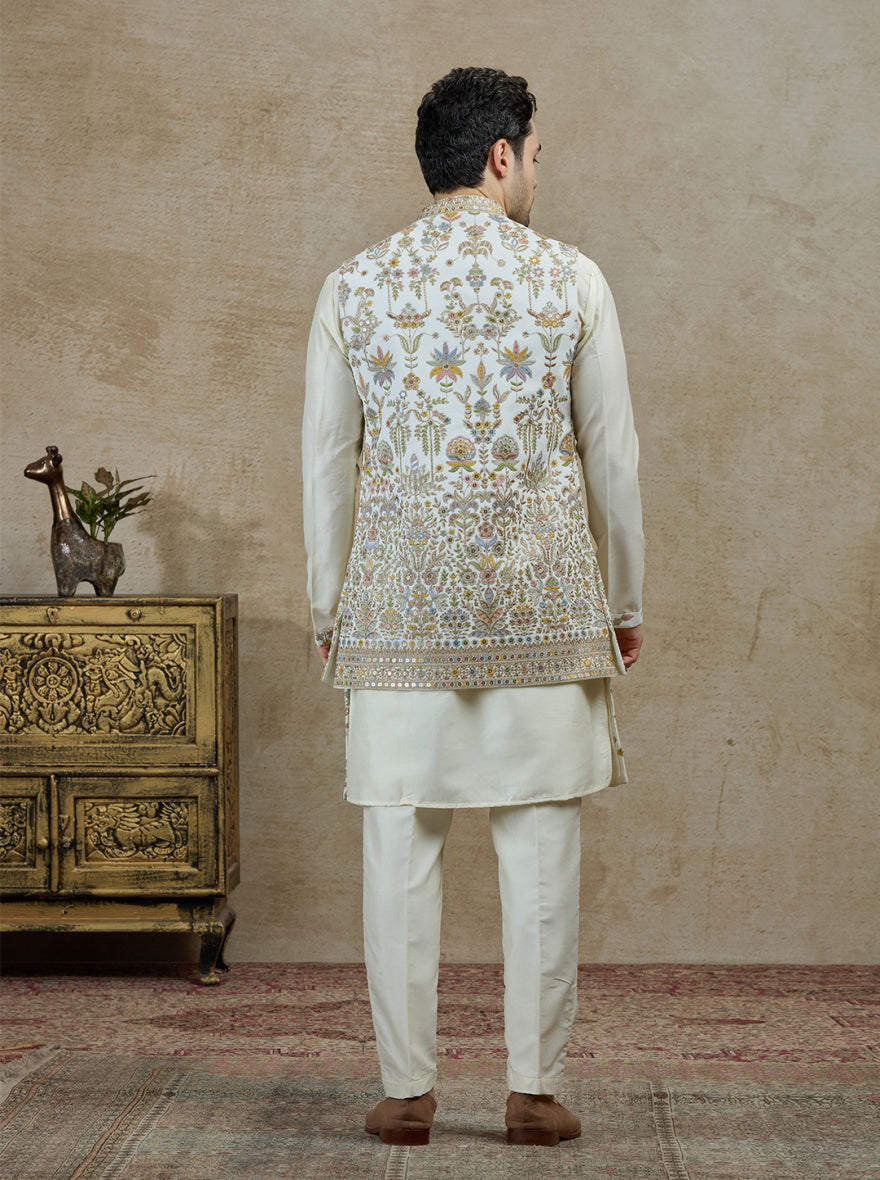 White & Green Embroidered Kurta Pajama with Koti | Virasana