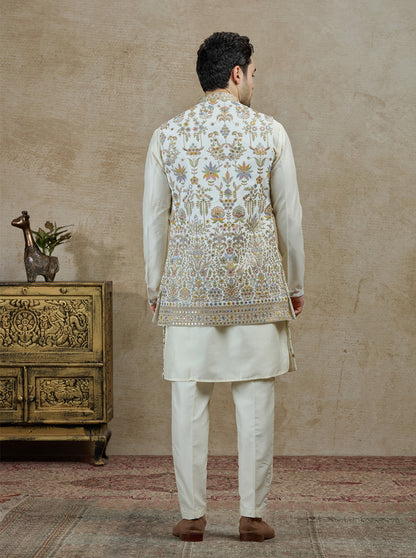 White & Green Embroidered Kurta Pajama with Koti | Virasana