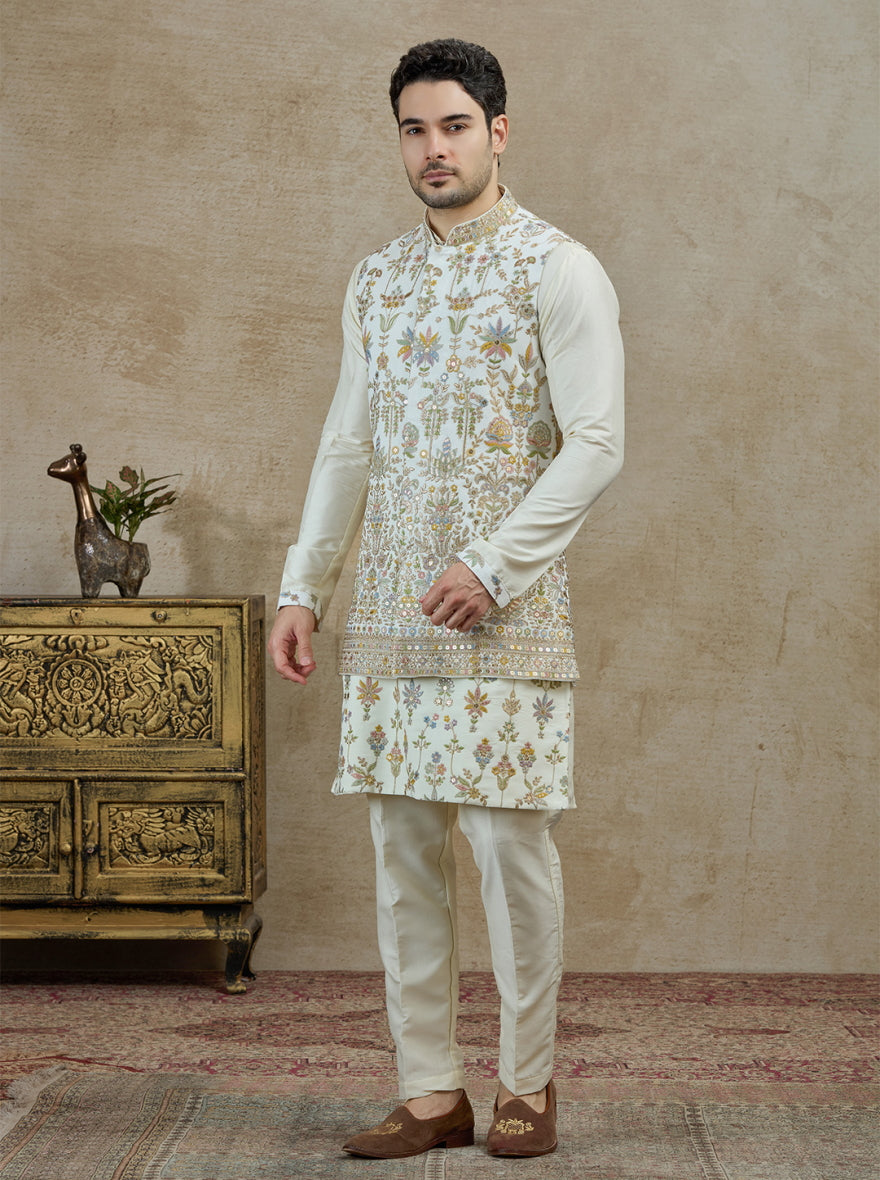 White & Green Embroidered Kurta Pajama with Koti | Virasana