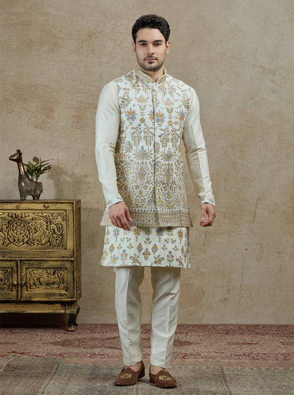 White & Green Embroidered Kurta Pajama with Koti | Virasana