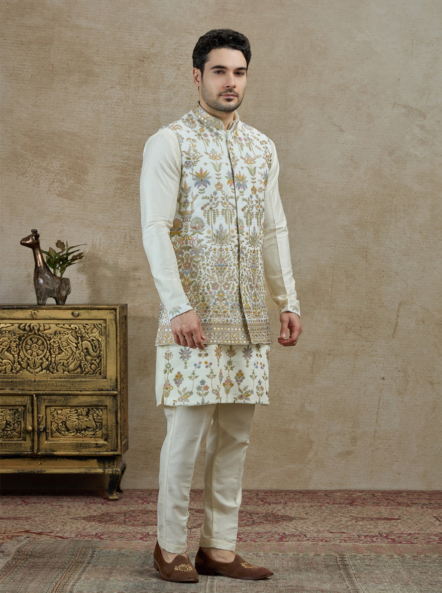 White & Green Embroidered Kurta Pajama with Koti | Virasana