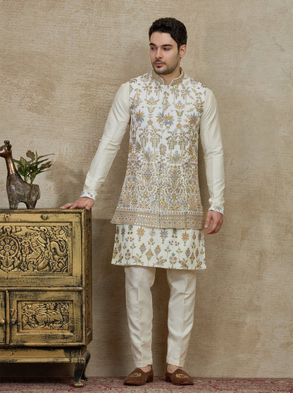 White & Green Embroidered Kurta Pajama with Koti | Virasana