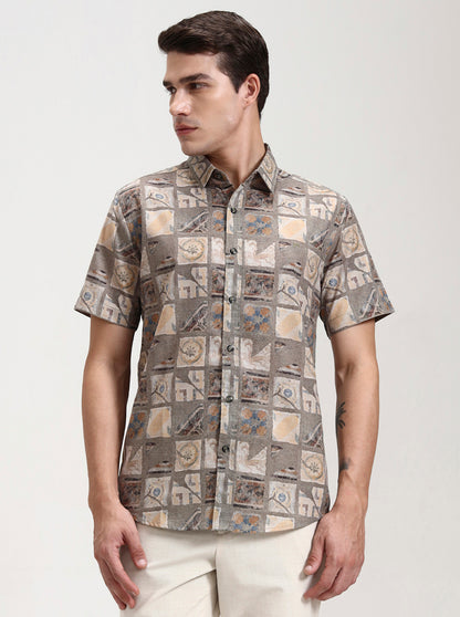 Green & Beige Printed Slim Fit Casual Shirt | JadeBlue