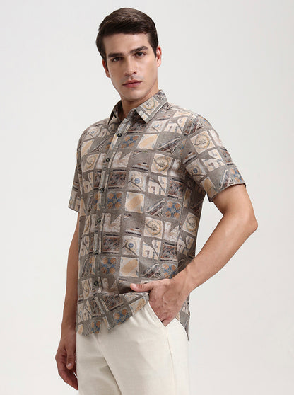 Green & Beige Printed Slim Fit Casual Shirt | JadeBlue