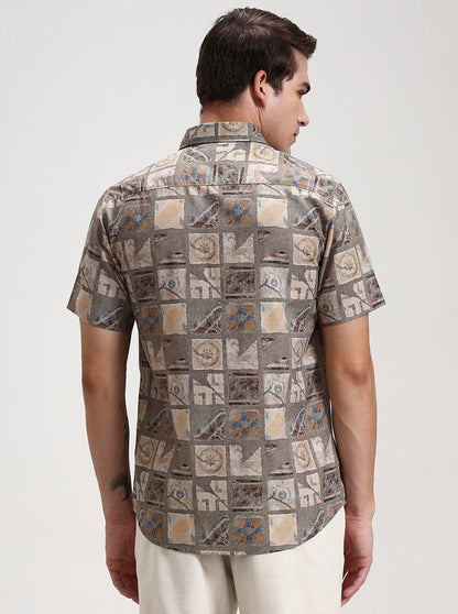 Green & Beige Printed Slim Fit Casual Shirt | JadeBlue