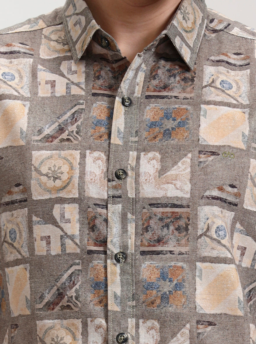 Green & Beige Printed Slim Fit Casual Shirt | JadeBlue