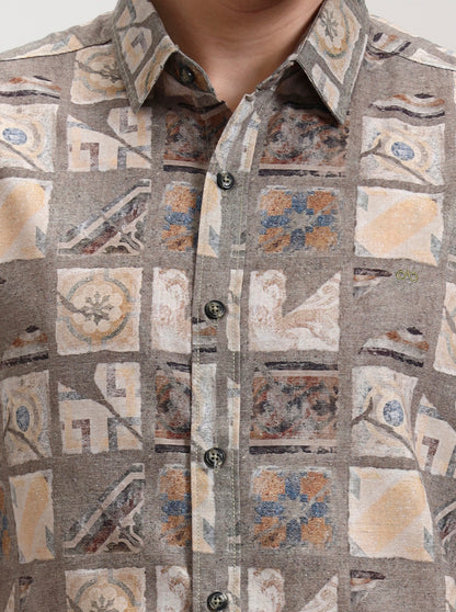 Green & Beige Printed Slim Fit Casual Shirt | JadeBlue
