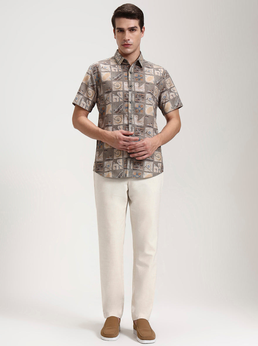 Green & Beige Printed Slim Fit Casual Shirt | JadeBlue