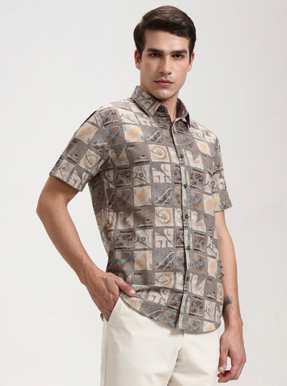 Green & Beige Printed Slim Fit Casual Shirt | JadeBlue