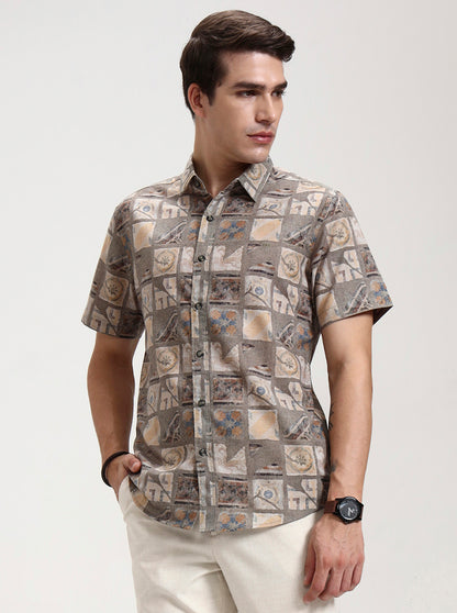 Green & Beige Printed Slim Fit Casual Shirt | JadeBlue