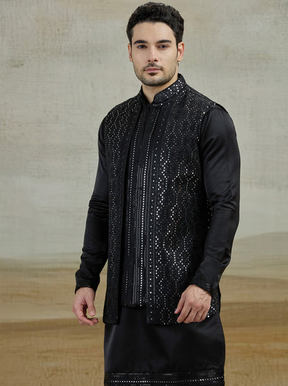 Black Embroidered Kurta Pajama with Koti | Virasana
