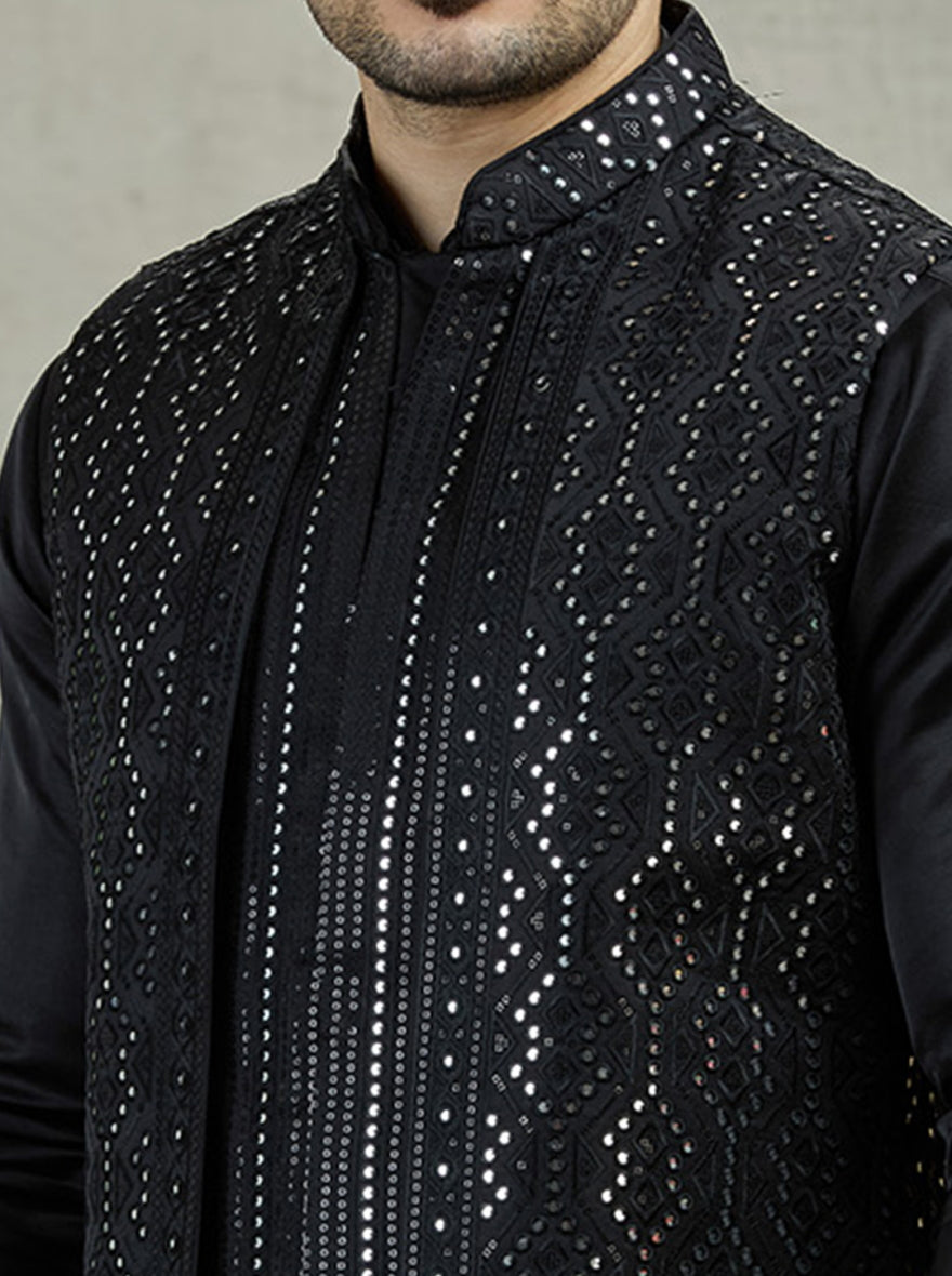 Black Embroidered Kurta Pajama with Koti | Virasana