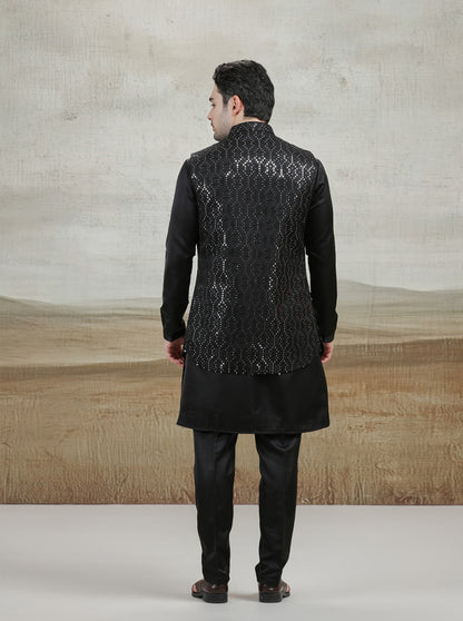 Black Embroidered Kurta Pajama with Koti | Virasana