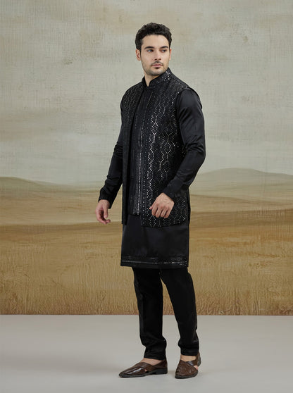 Black Embroidered Kurta Pajama with Koti | Virasana
