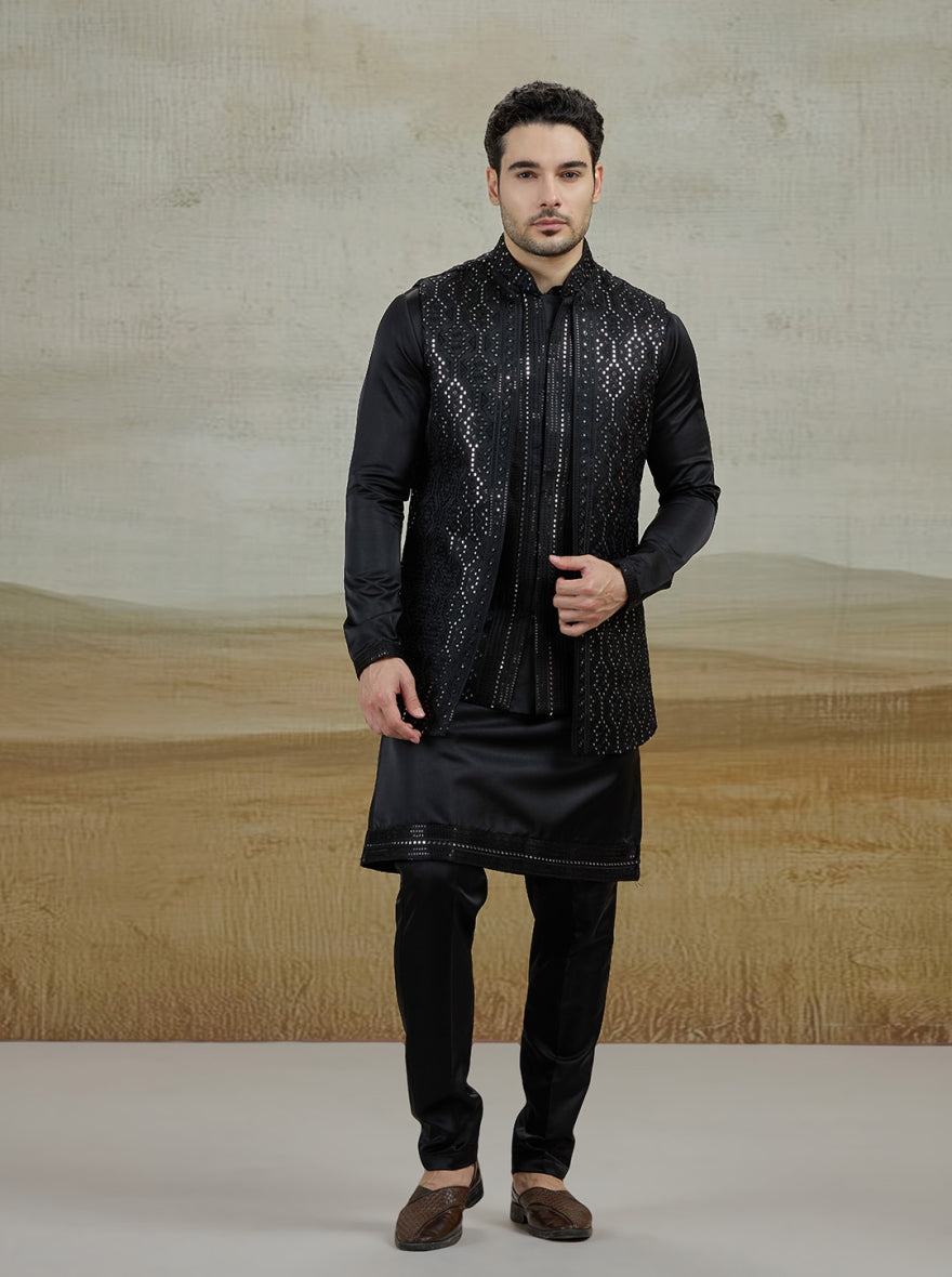 Black Embroidered Kurta Pajama with Koti | Virasana