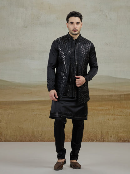 Black Embroidered Kurta Pajama with Koti | Virasana