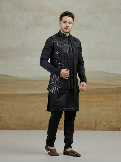 Black Embroidered Kurta Pajama with Koti | Virasana