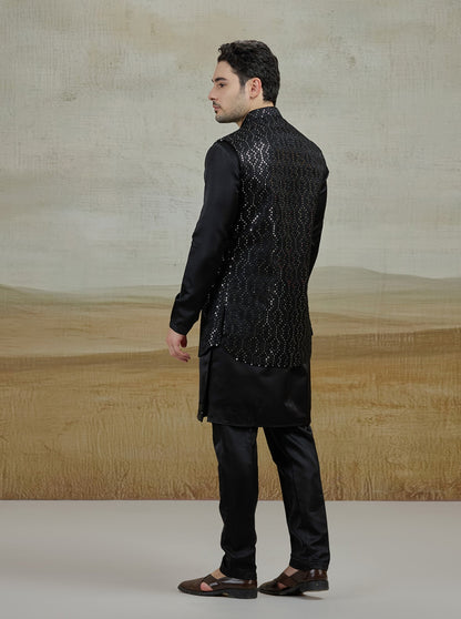 Black Embroidered Kurta Pajama with Koti | Virasana