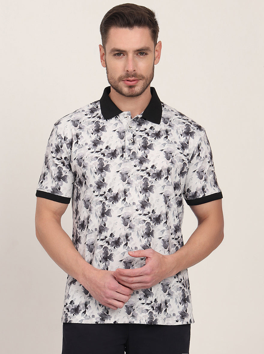 White & Black Printed Slim Fit Polo T-Shirt | JadeBlue