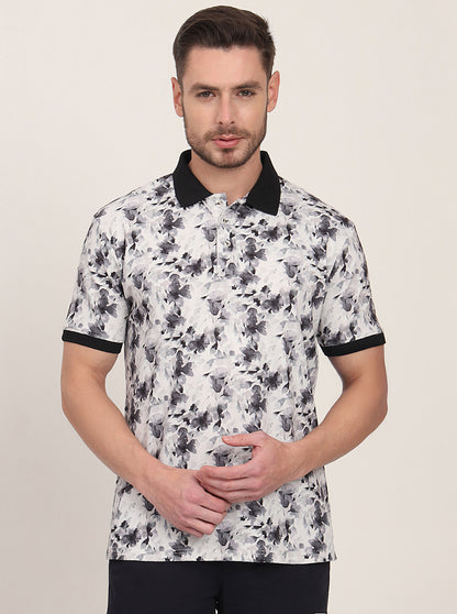 White & Black Printed Slim Fit Polo T-Shirt | JadeBlue