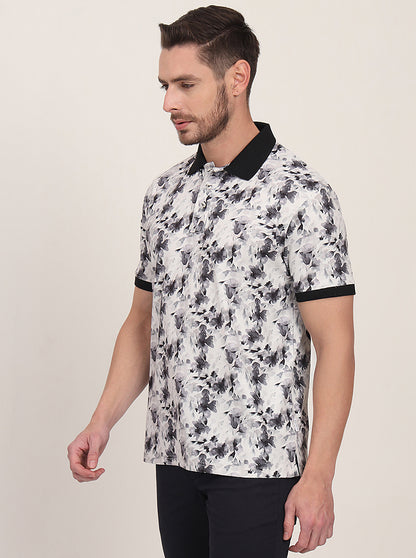 White & Black Printed Slim Fit Polo T-Shirt | JadeBlue