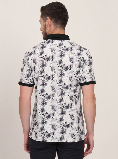 White & Black Printed Slim Fit Polo T-Shirt | JadeBlue