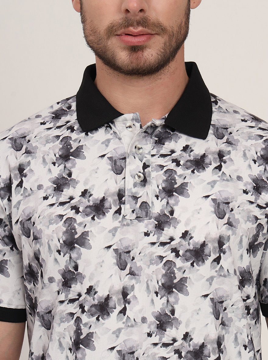 White & Black Printed Slim Fit Polo T-Shirt | JadeBlue