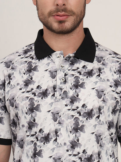 White & Black Printed Slim Fit Polo T-Shirt | JadeBlue