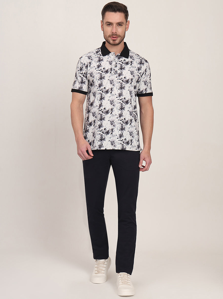 White & Black Printed Slim Fit Polo T-Shirt | JadeBlue