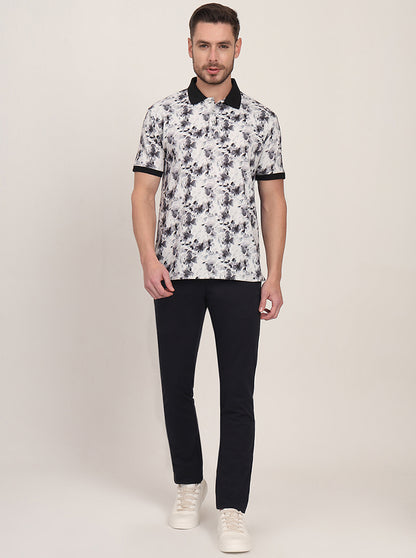 White & Black Printed Slim Fit Polo T-Shirt | JadeBlue