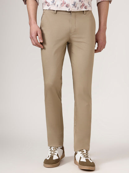 Camel Beige Checked Uno Fit Casual Trouser | JadeBlue