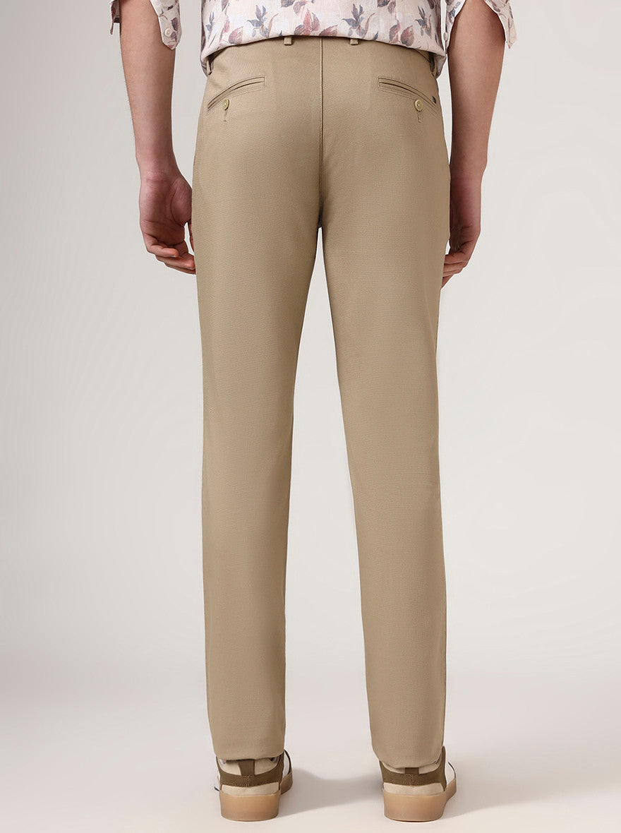 Camel Beige Checked Uno Fit Casual Trouser | JadeBlue