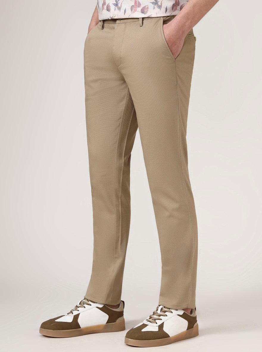 Camel Beige Checked Uno Fit Casual Trouser | JadeBlue