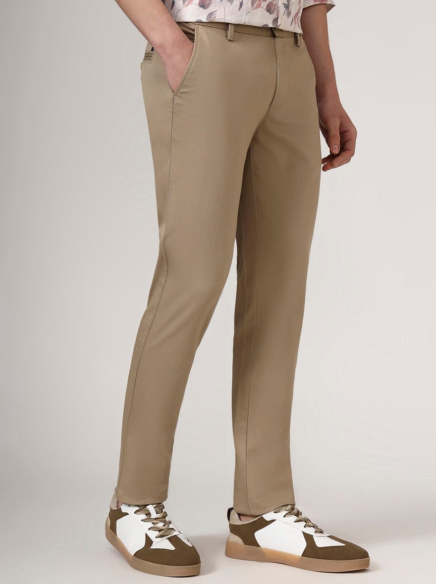 Camel Beige Checked Uno Fit Casual Trouser | JadeBlue