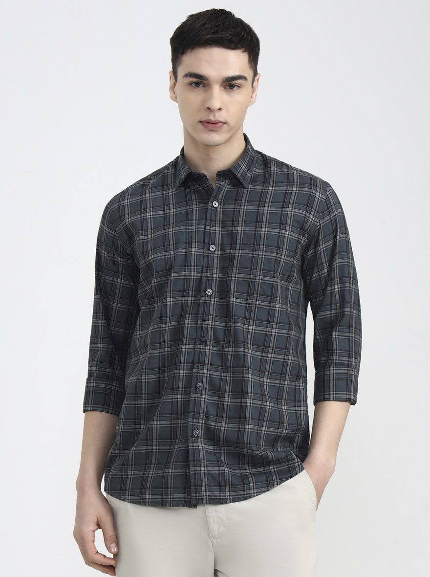 Cement Grey Checked Tailored Fit Semi Casual Shirt | JadeBlue