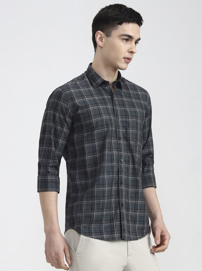 Cement Grey Checked Tailored Fit Semi Casual Shirt | JadeBlue