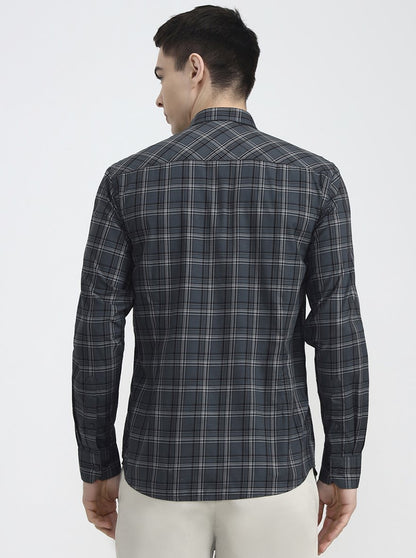 Cement Grey Checked Tailored Fit Semi Casual Shirt | JadeBlue