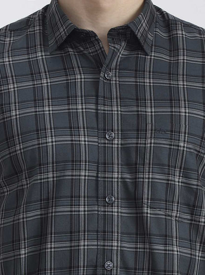 Cement Grey Checked Tailored Fit Semi Casual Shirt | JadeBlue