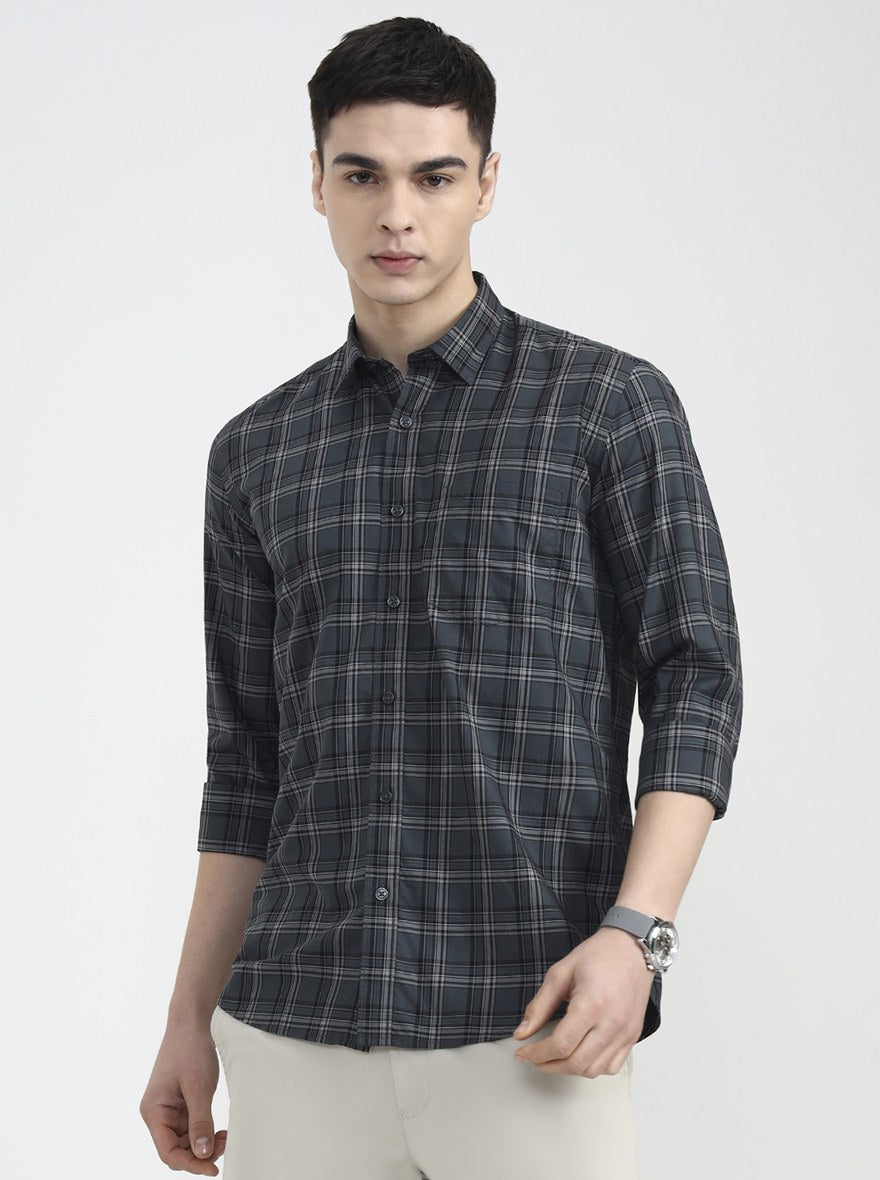 Cement Grey Checked Tailored Fit Semi Casual Shirt | JadeBlue