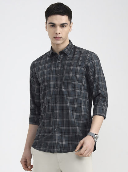 Cement Grey Checked Tailored Fit Semi Casual Shirt | JadeBlue