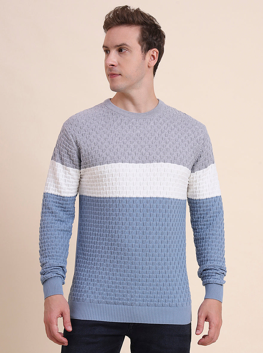 Grey & Blue Striped Slim Fit T-Shirt | JadeBlue