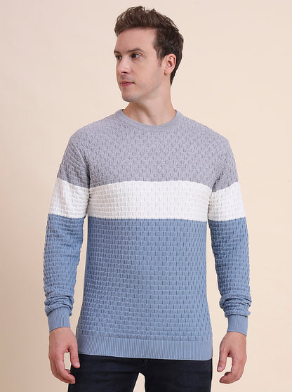 Grey & Blue Striped Slim Fit T-Shirt | JadeBlue