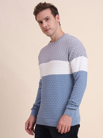 Grey & Blue Striped Slim Fit T-Shirt | JadeBlue