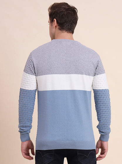 Grey & Blue Striped Slim Fit T-Shirt | JadeBlue