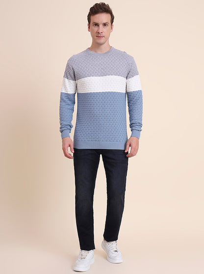 Grey & Blue Striped Slim Fit T-Shirt | JadeBlue