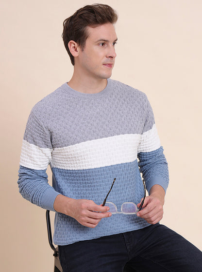 Grey & Blue Striped Slim Fit T-Shirt | JadeBlue