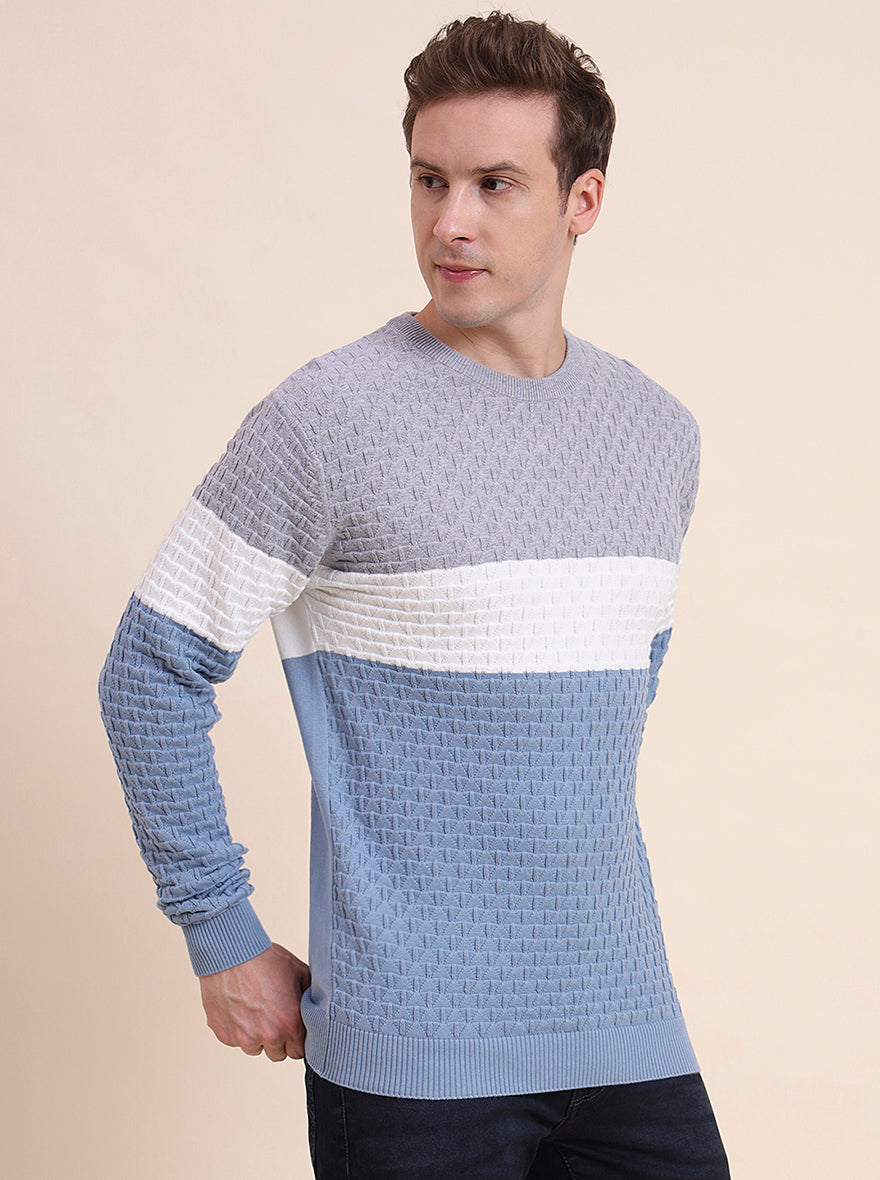 Grey & Blue Striped Slim Fit T-Shirt | JadeBlue