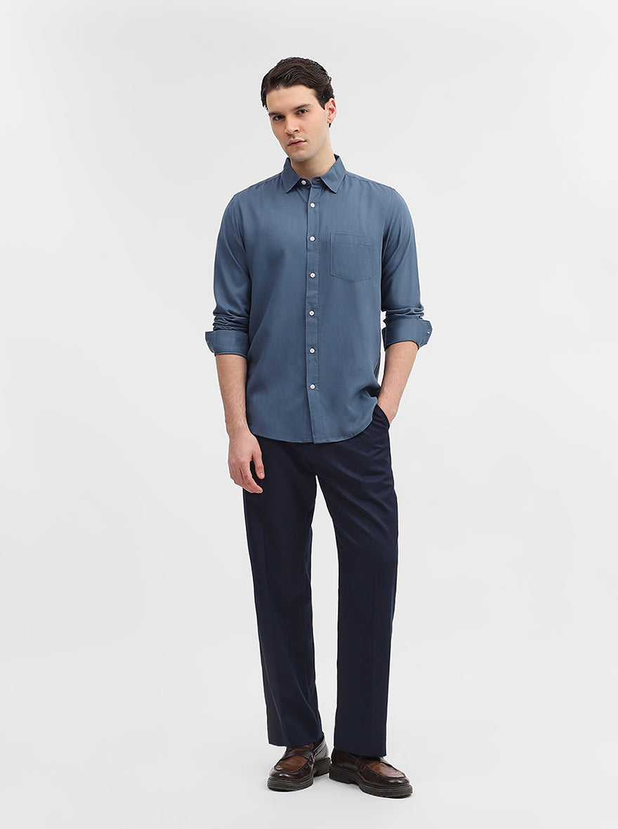 Blue Solid Slim Fit Casual Shirt | JadeBlue