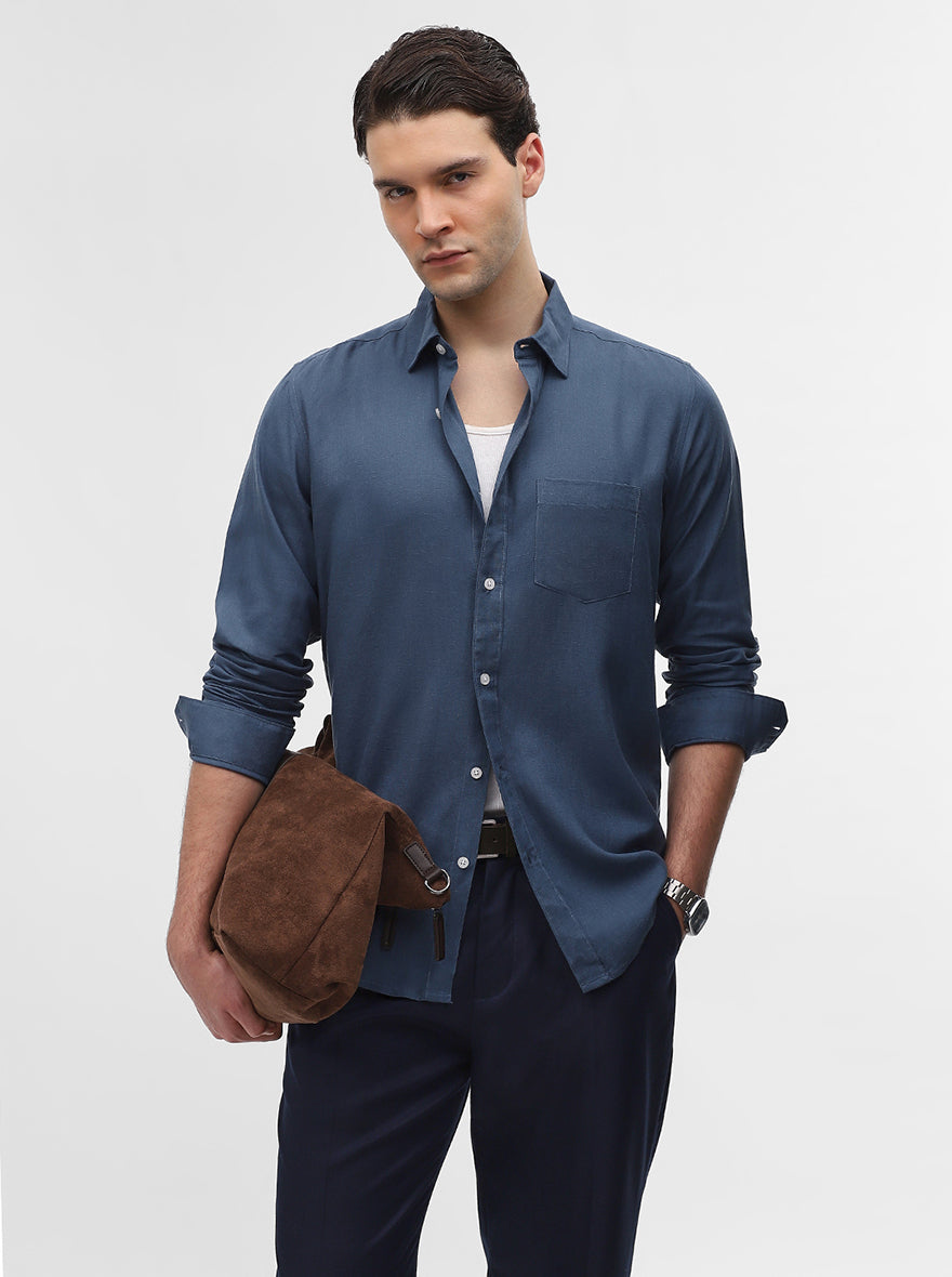 Blue Solid Slim Fit Casual Shirt | JadeBlue