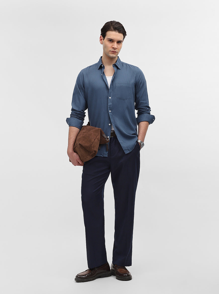 Blue Solid Slim Fit Casual Shirt | JadeBlue